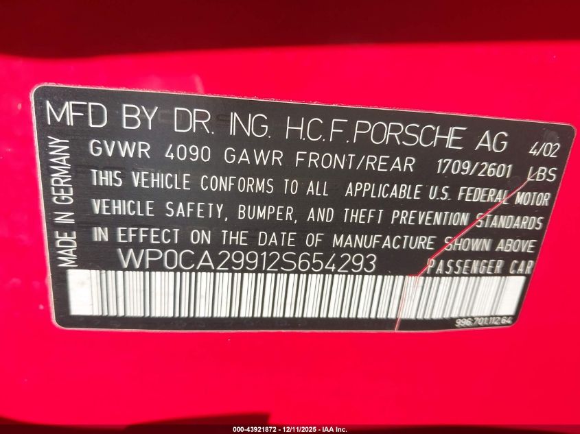 2002 Porsche 911 Carrera/Carrera 4 VIN: WP0CA29912S654293 Lot: 43921872