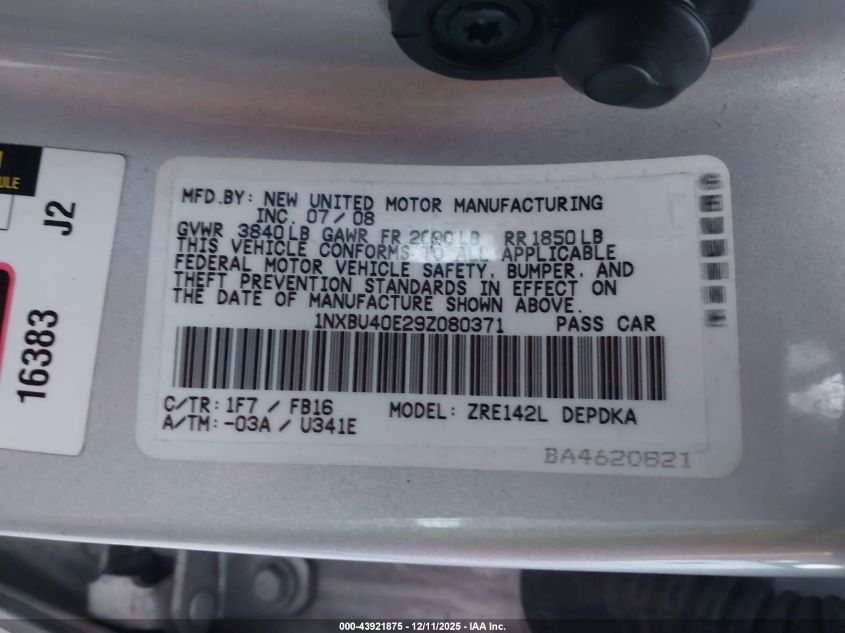 2009 Toyota Corolla Le VIN: 1NXBU40E29Z080371 Lot: 43921875