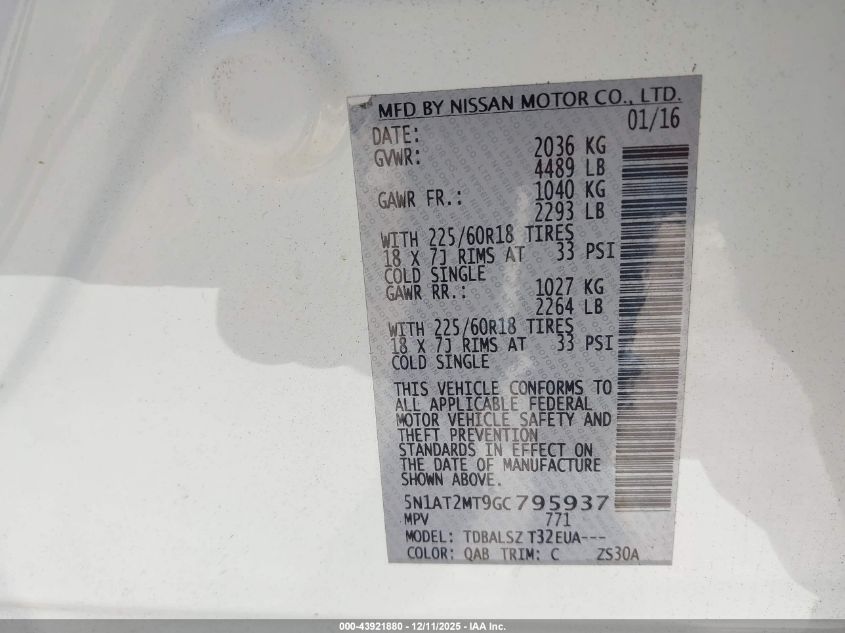 2016 Nissan Rogue Sl VIN: 5N1AT2MT9GC795937 Lot: 43921880