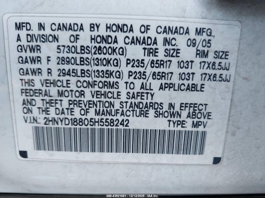 2005 Acura Mdx VIN: 2HNYD18805H558242 Lot: 43921881