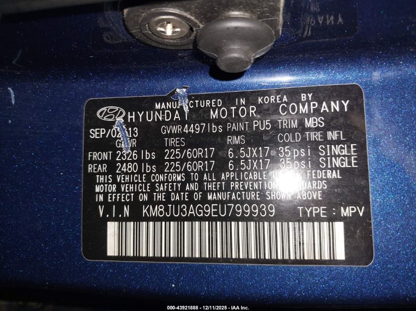 2014 Hyundai Tucson Se VIN: KM8JU3AG9EU799939 Lot: 43921888