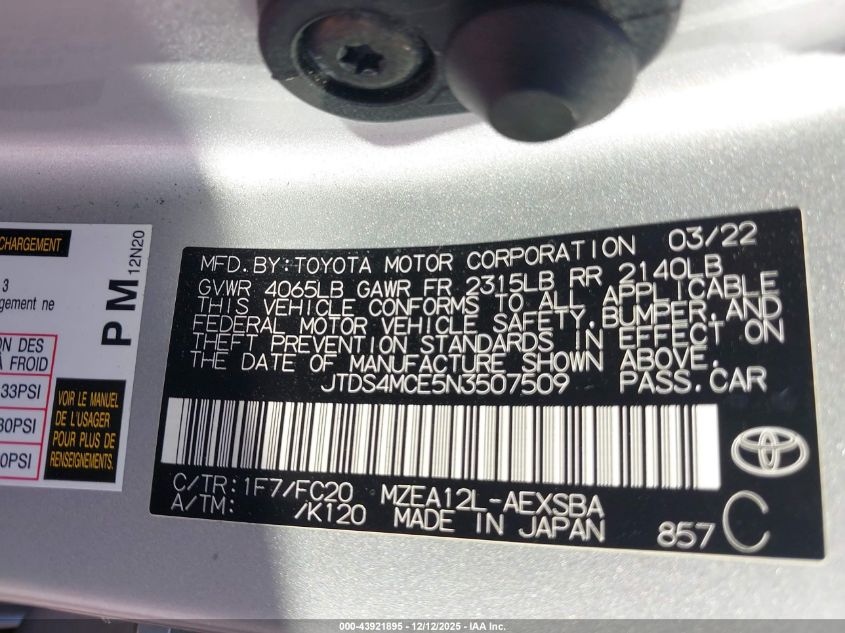 2022 Toyota Corolla Se VIN: JTDS4MCE5N3507509 Lot: 43921895