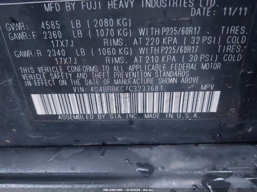 2012 Subaru Outback 2.5I Limited VIN: 4S4BRBKC7C3233681 Lot: 43921900