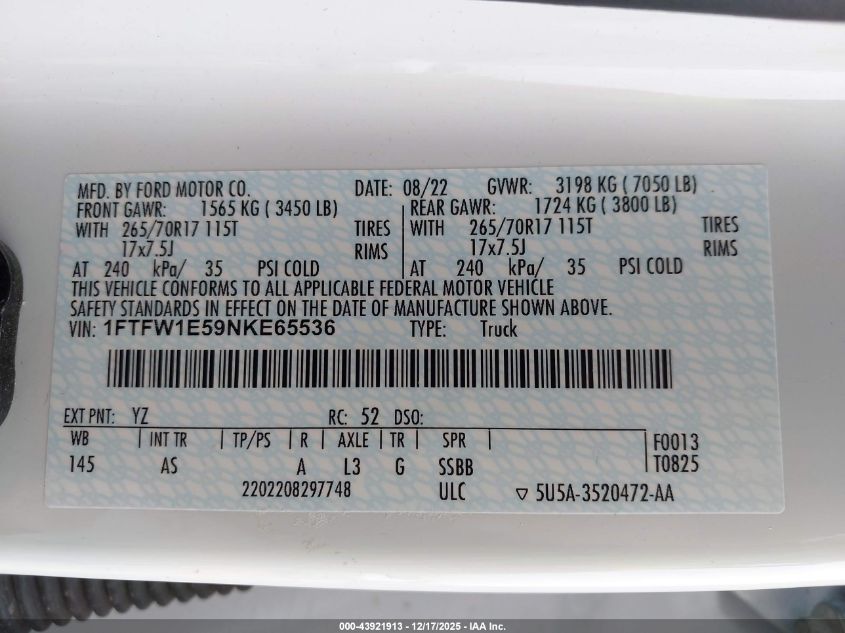 2022 Ford F-150 Xl VIN: 1FTFW1E59NKE65536 Lot: 43921913