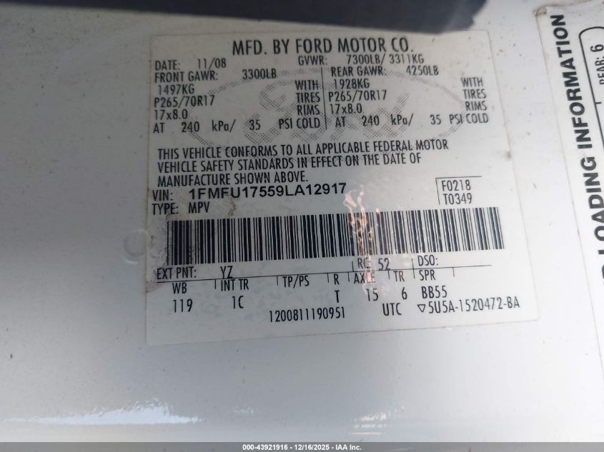 2009 Ford Expedition Eddie Bauer VIN: 1FMFU17559LA12917 Lot: 43921916