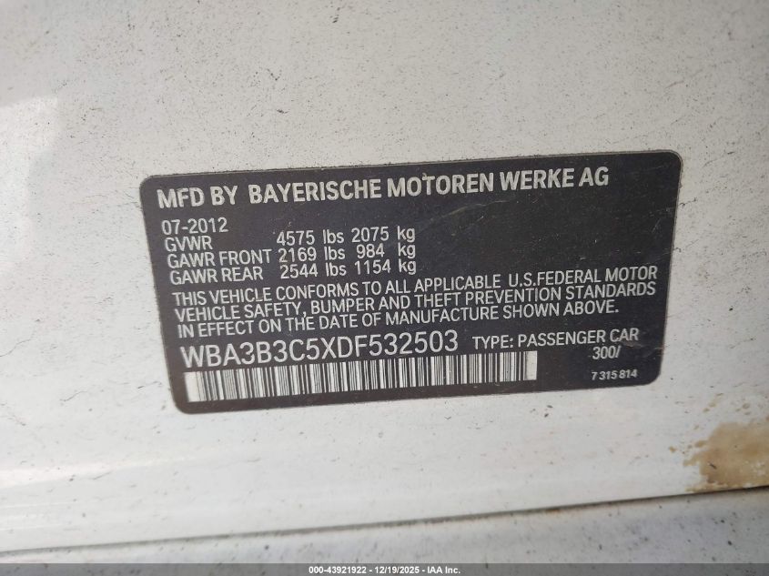 2013 BMW 328I xDrive VIN: WBA3B3C5XDF532503 Lot: 43921922
