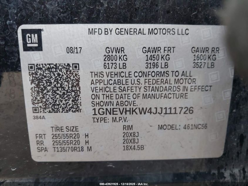 2018 Chevrolet Traverse 3Lt VIN: 1GNEVHKW4JJ111726 Lot: 43921925