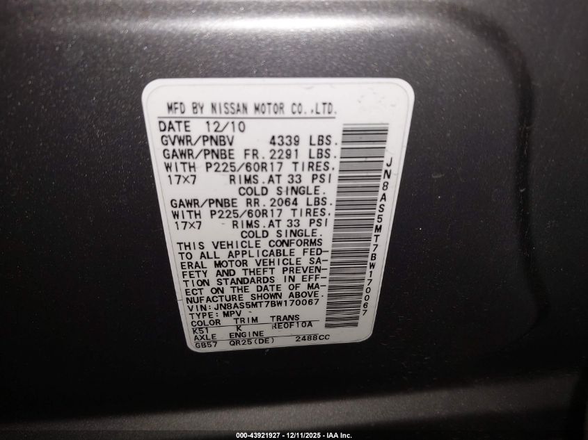 2011 Nissan Rogue Sv VIN: JN8AS5MT7BW170067 Lot: 43921927