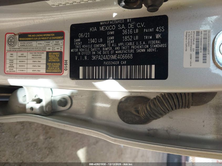2021 Kia Rio Lx VIN: 3KPA24AD9ME406668 Lot: 43921930