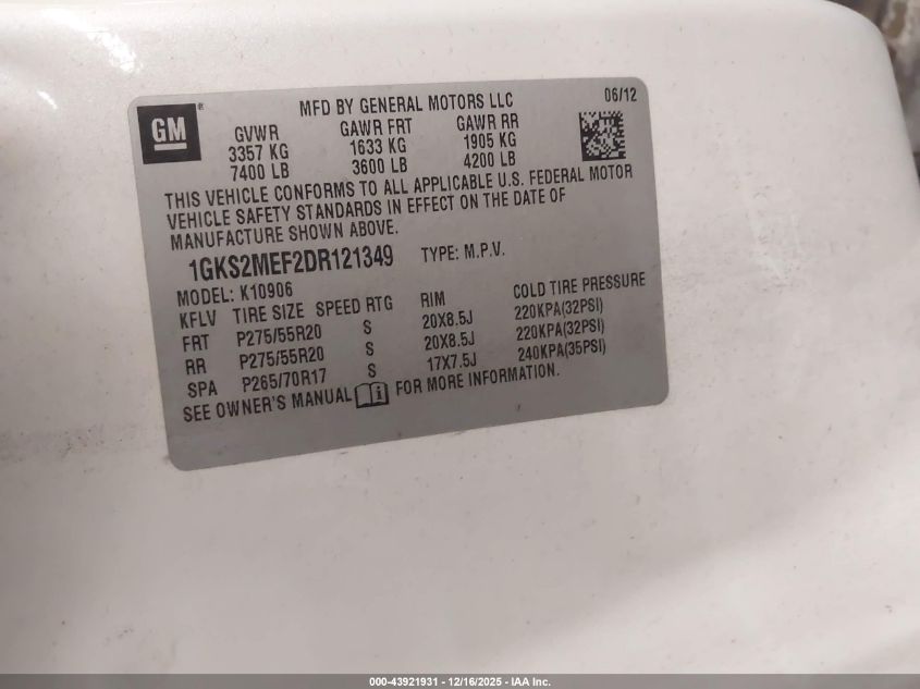 2013 GMC Yukon Xl 1500 Denali VIN: 1GKS2MEF2DR121349 Lot: 43921931