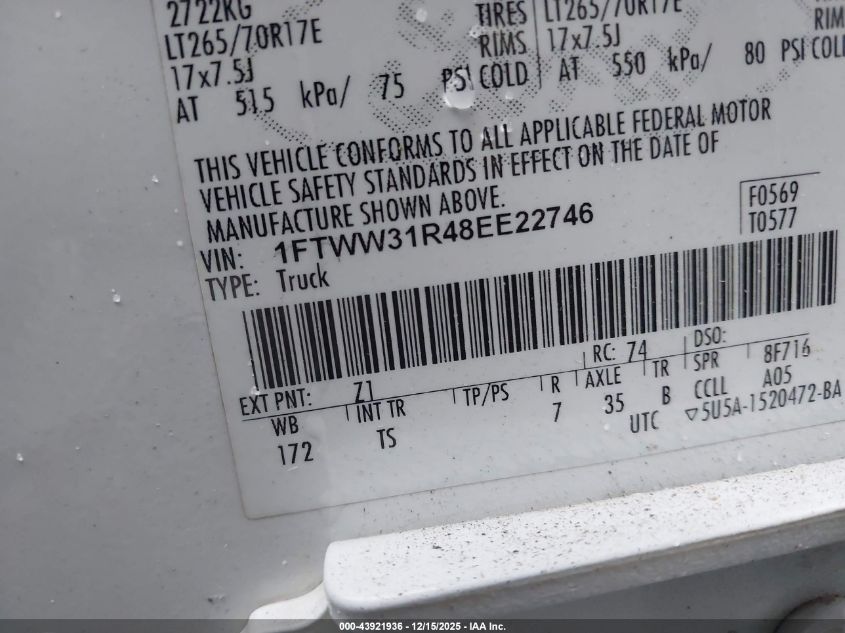 2008 Ford F-350 Fx4/Harley-Davidson/King Ranch/Lariat/Xl/Xlt VIN: 1FTWW31R48EE22746 Lot: 43921936