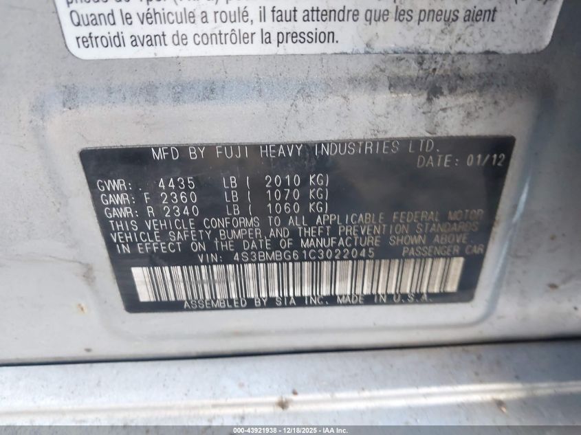 2012 Subaru Legacy 2.5I Premium VIN: 4S3BMBG61C3022045 Lot: 43921938