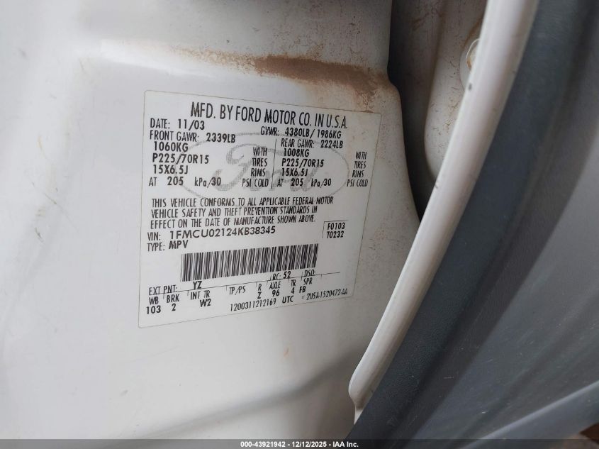 2004 Ford Escape Xls VIN: 1FMCU02124KB38345 Lot: 43921942