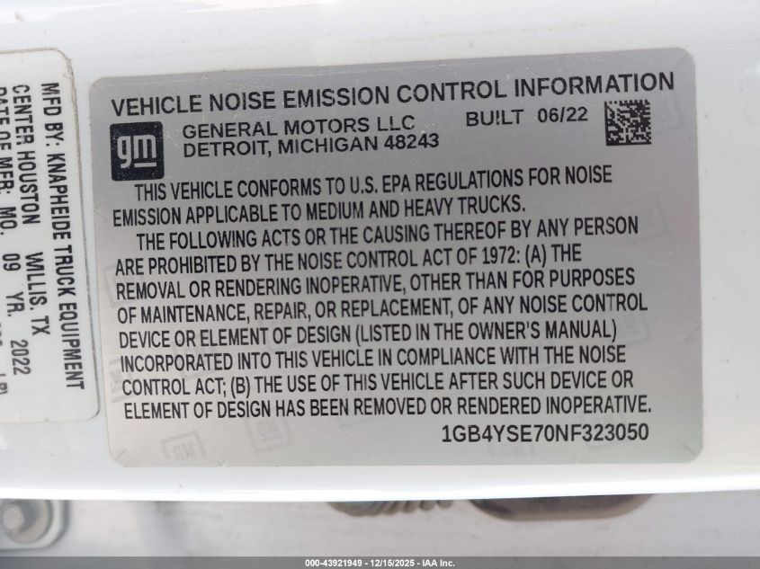 2022 Chevrolet Silverado 3500Hd Chassis Work Truck VIN: 1GB4YSE70NF323050 Lot: 43921949