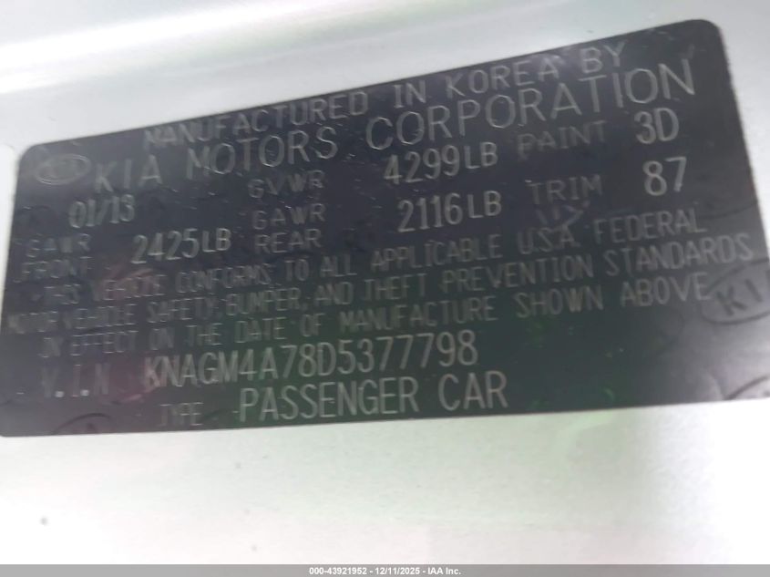 2013 Kia Optima Lx VIN: KNAGM4A78D5377798 Lot: 43921952