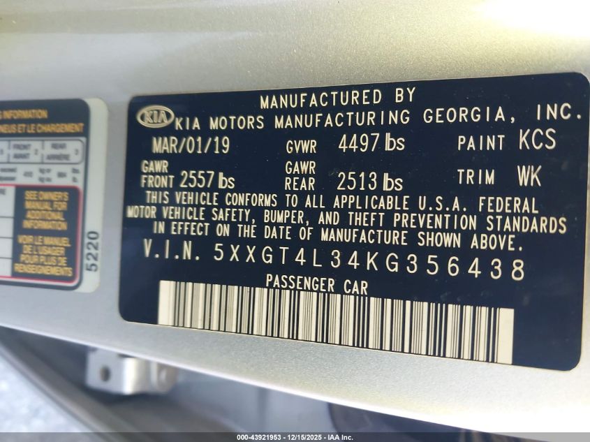 2019 Kia Optima Lx VIN: 5XXGT4L34KG356438 Lot: 43921953