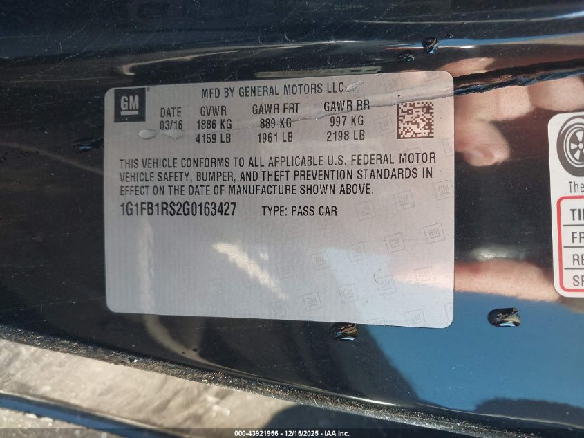 2016 Chevrolet Camaro 1Lt VIN: 1G1FB1RS2G0163427 Lot: 43921956