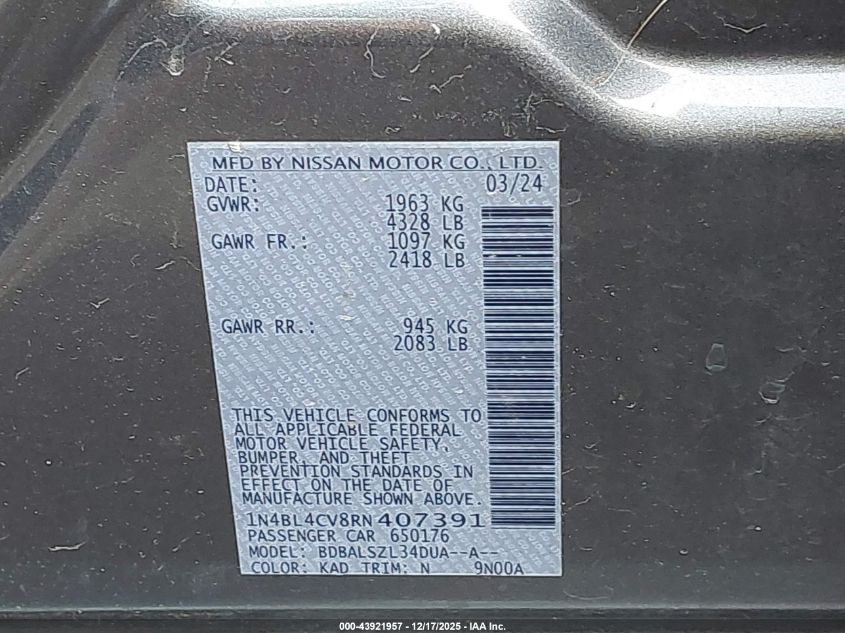 2024 Nissan Altima Sr Fwd VIN: 1N4BL4CV8RN407391 Lot: 43921957