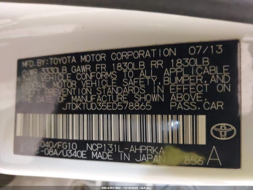 2014 Toyota Yaris Le (Tmc/Cbu Plant) VIN: JTDKTUD35ED578865 Lot: 43921962