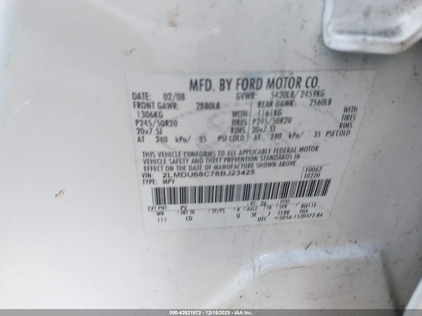 2008 Lincoln Mkx VIN: 2LMDU68C78BJ23425 Lot: 43921972