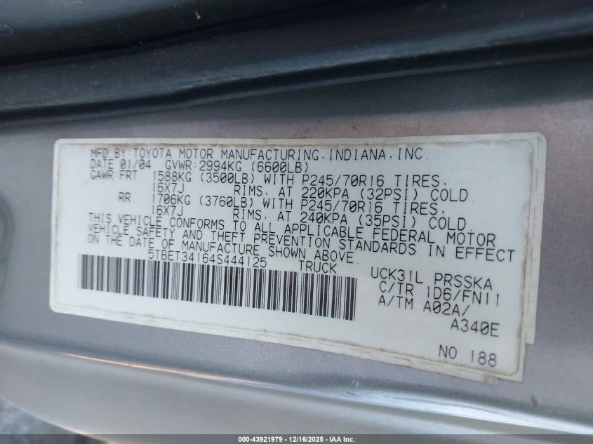 2004 Toyota Tundra Sr5 V8 VIN: 5TBET34164S444125 Lot: 43921979