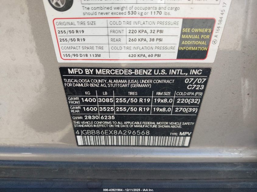 2008 Mercedes-Benz Ml 350 4Matic VIN: 4JGBB86EX8A296568 Lot: 43921984