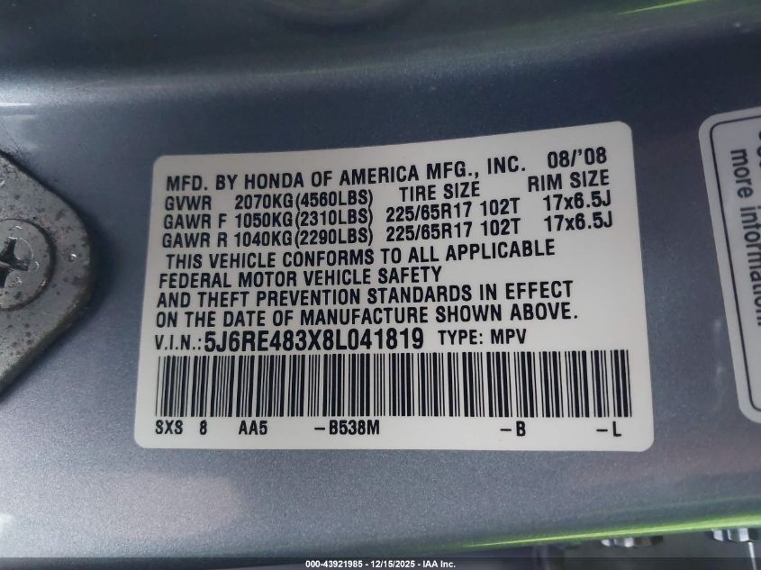 2008 Honda Cr-V Lx VIN: 5J6RE483X8L041819 Lot: 43921985