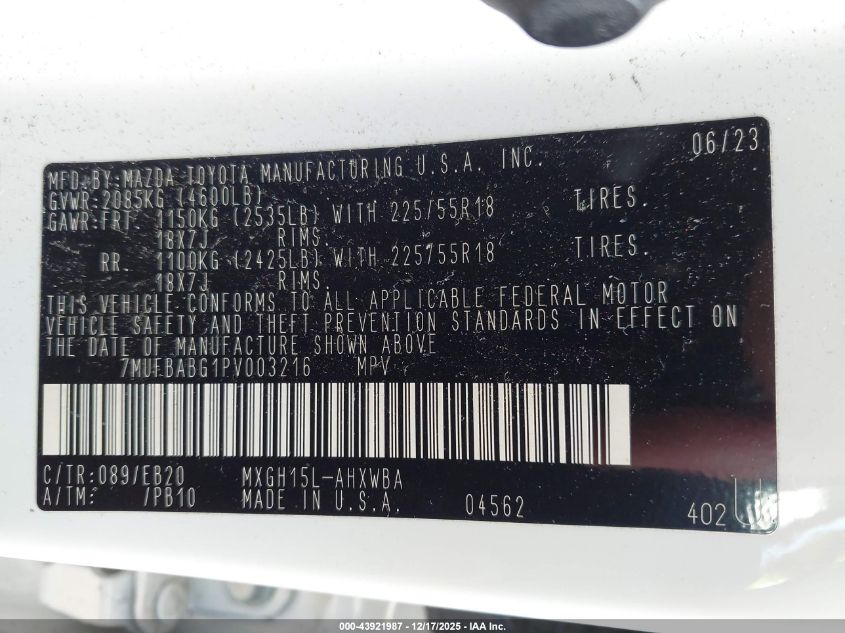 2023 Toyota Corolla Cross Hybrid Xse VIN: 7MUFBABG1PV003216 Lot: 43921987