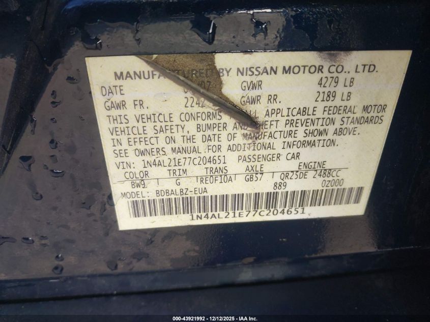 2007 Nissan Altima 2.5 S VIN: 1N4AL21E77C204651 Lot: 43921992