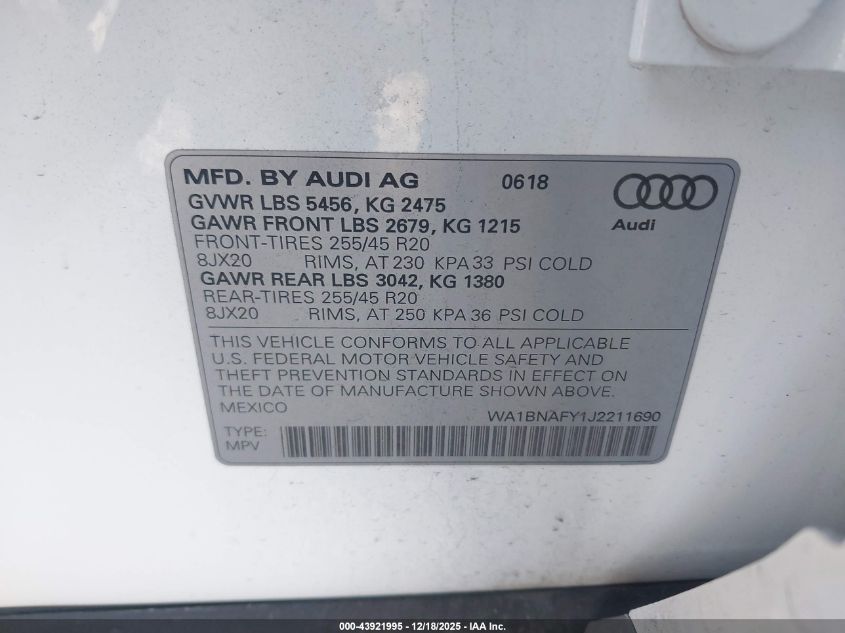 2018 Audi Q5 2.0T Premium/2.0T Tech Premium VIN: WA1BNAFY1J2211690 Lot: 43921995