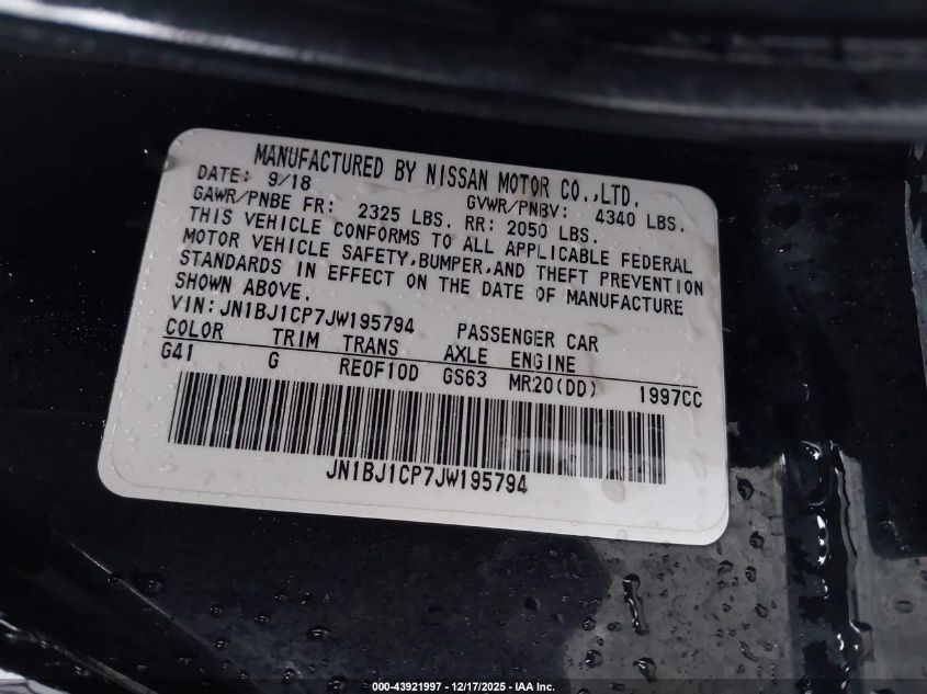 2018 Nissan Rogue Sport Sl VIN: JN1BJ1CP7JW195794 Lot: 43921997