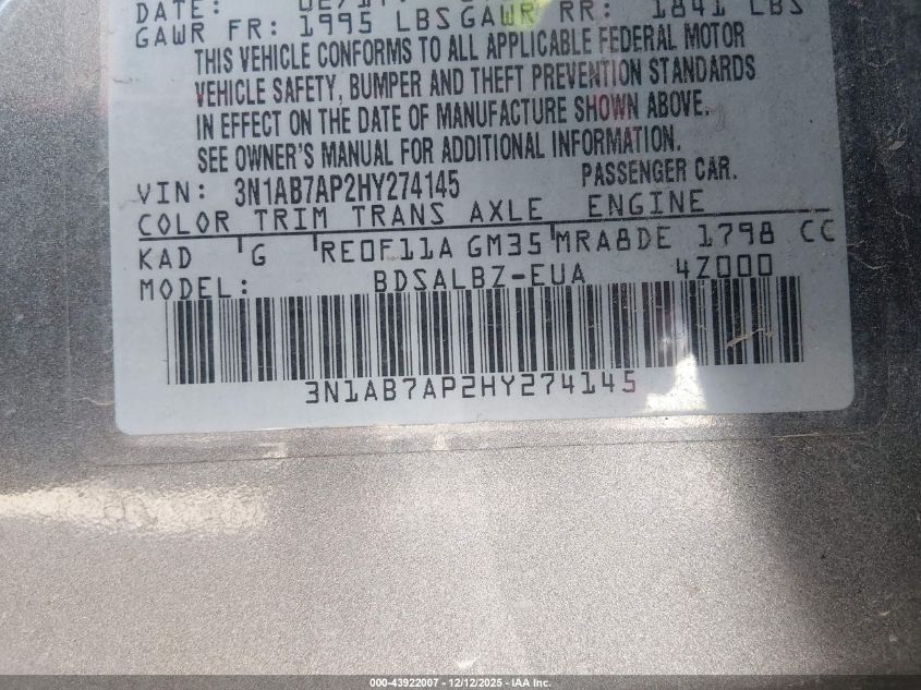 2017 Nissan Sentra S VIN: 3N1AB7AP2HY274145 Lot: 43922007