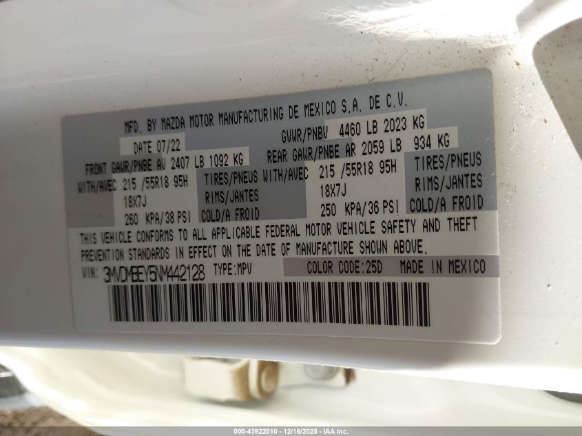 2022 Mazda Cx-30 2.5 Turbo Premium Plus VIN: 3MVDMBEY5NM442128 Lot: 43922010