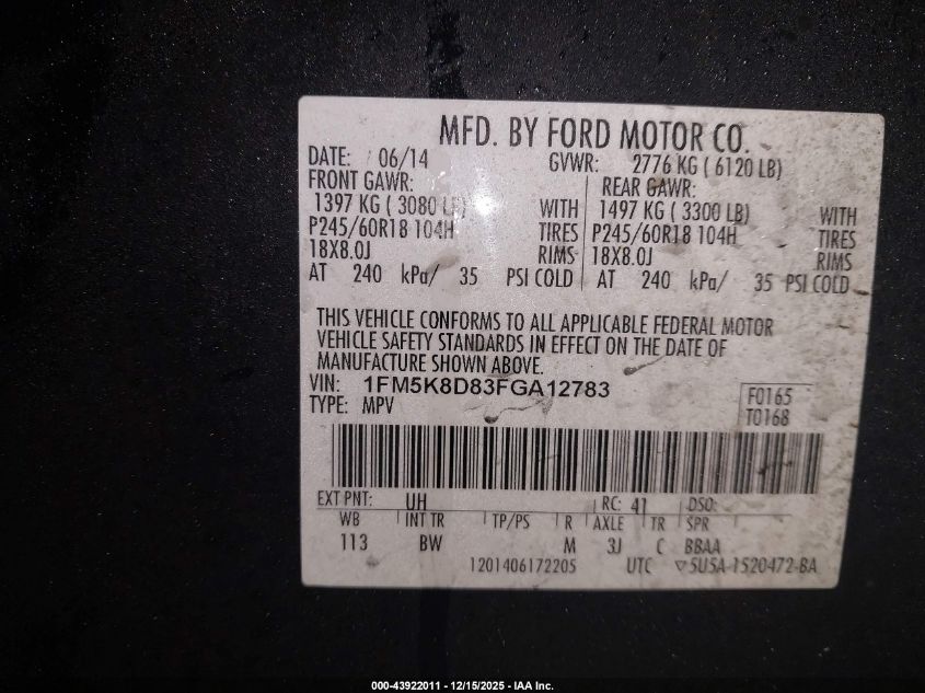 2015 Ford Explorer Xlt VIN: 1FM5K8D83FGA12783 Lot: 43922011