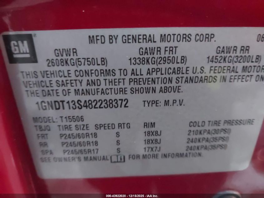 2008 Chevrolet Trailblazer Lt VIN: 1GNDT13S482238372 Lot: 43922020