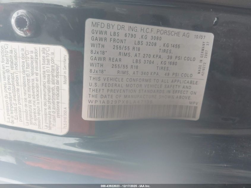 2008 Porsche Cayenne S VIN: WP1AB29PX8LA47135 Lot: 43922023