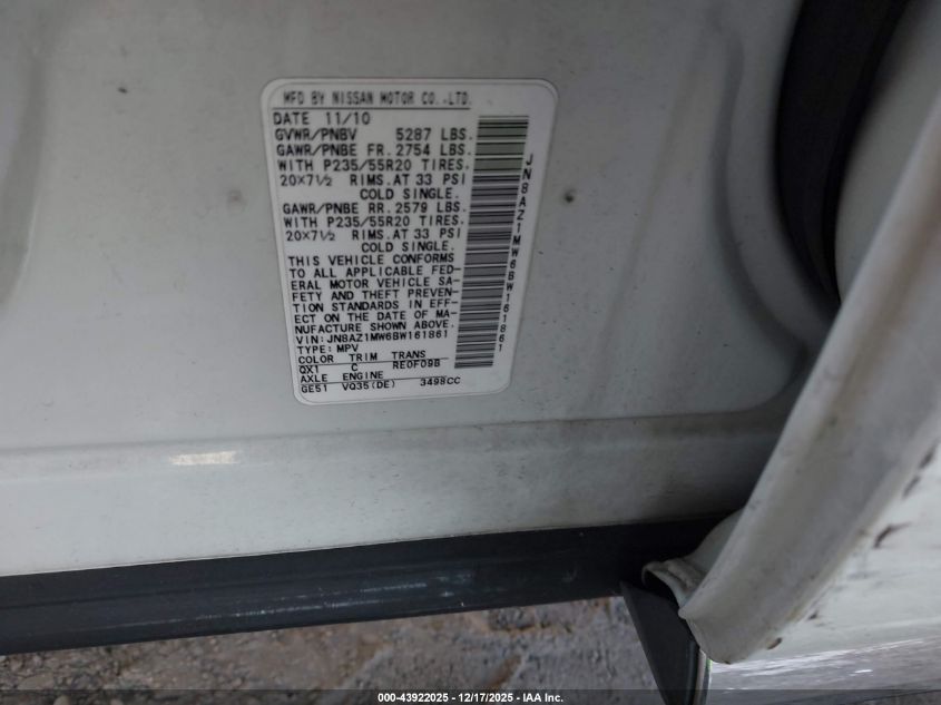 2011 Nissan Murano Le VIN: JN8AZ1MW6BW161861 Lot: 43922025