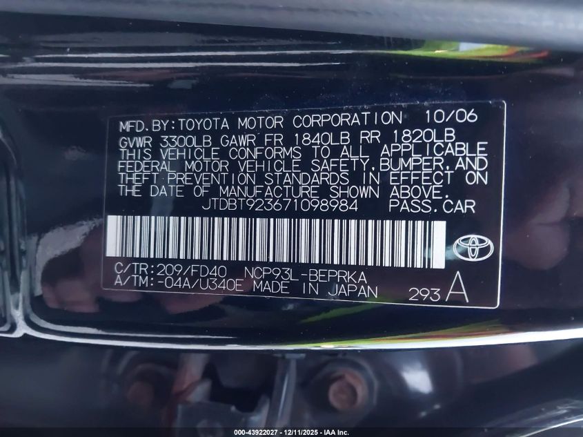 2007 Toyota Yaris VIN: JTDBT923671098984 Lot: 43922027