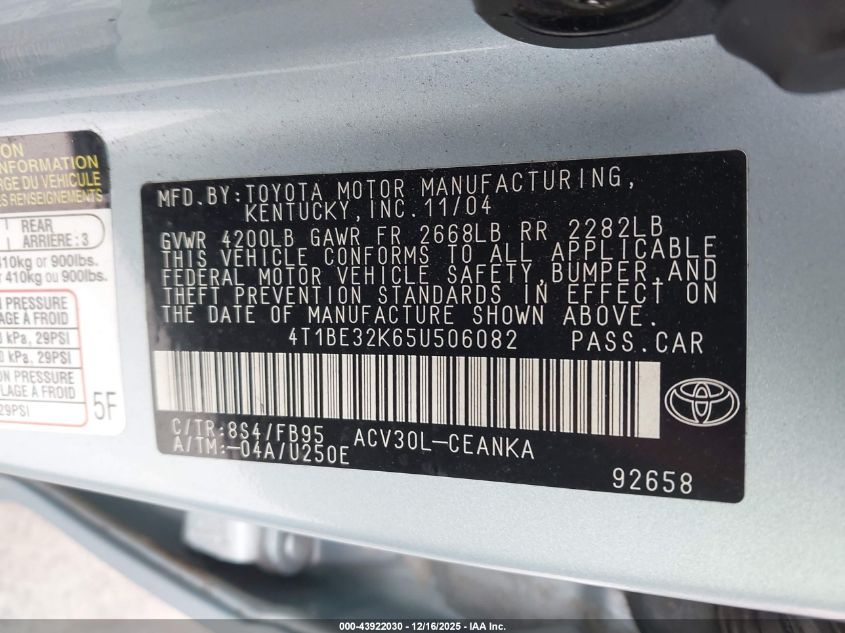 2005 Toyota Camry Le VIN: 4T1BE32K65U506082 Lot: 43922030