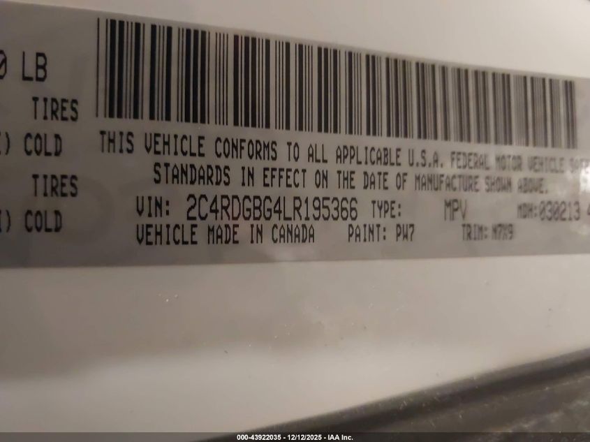 2020 Dodge Grand Caravan Se Plus VIN: 2C4RDGBG4LR195366 Lot: 43922035