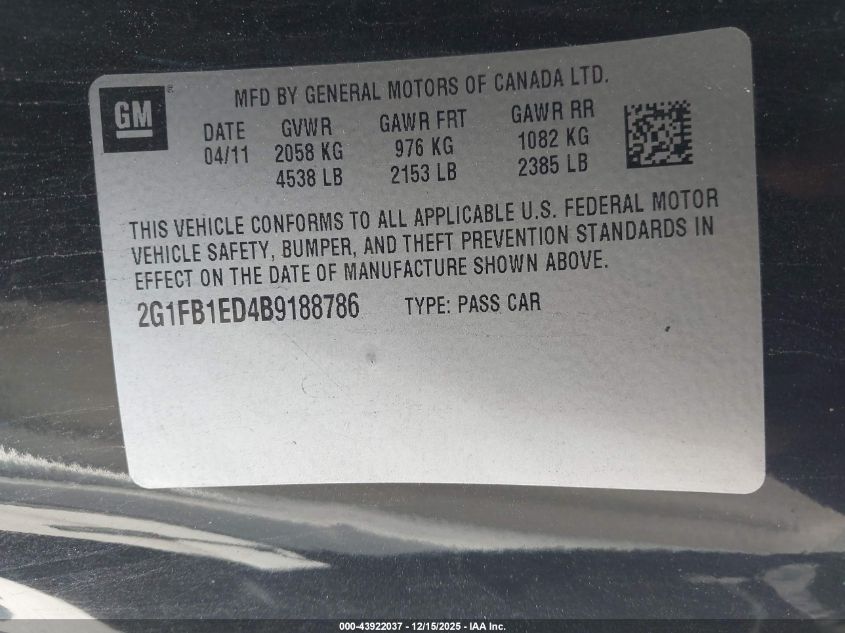 2011 Chevrolet Camaro 1Lt VIN: 2G1FB1ED4B9188786 Lot: 43922037