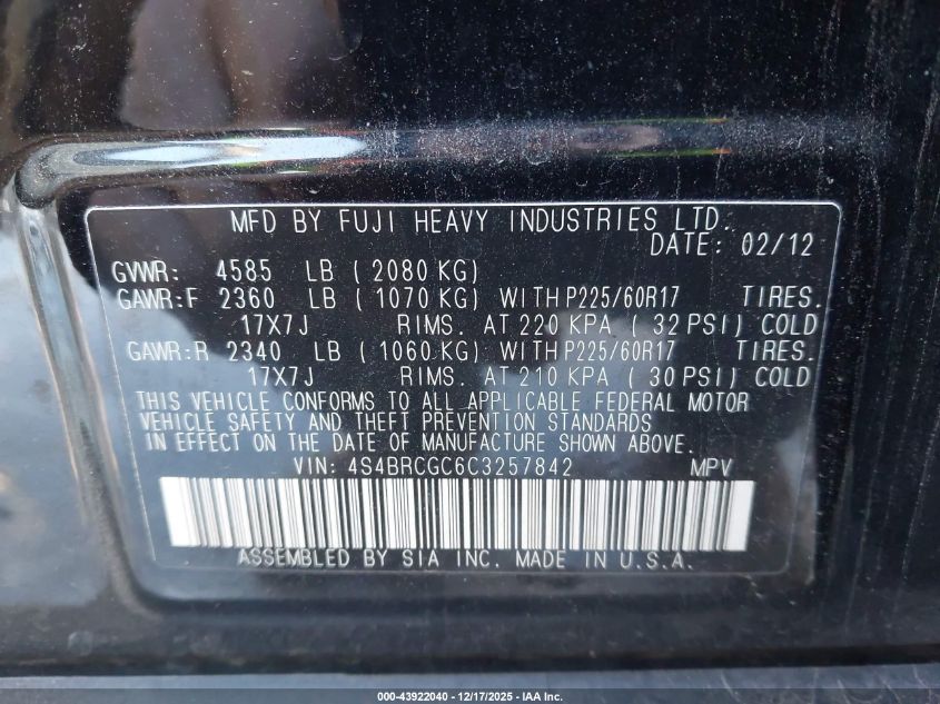 2012 Subaru Outback 2.5I Premium VIN: 4S4BRCGC6C3257842 Lot: 43922040