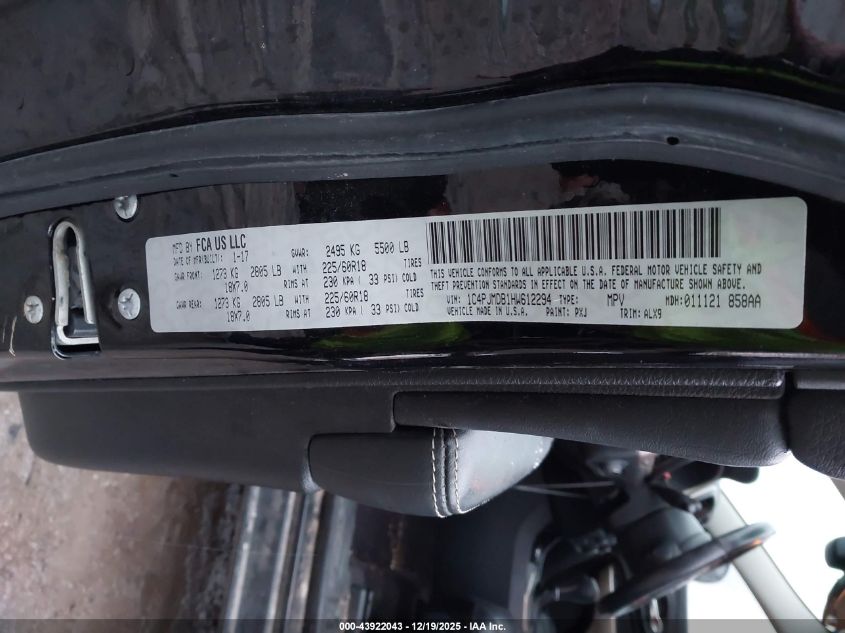 2017 Jeep Cherokee High Altitude 4X4 VIN: 1C4PJMDB1HW612294 Lot: 43922043