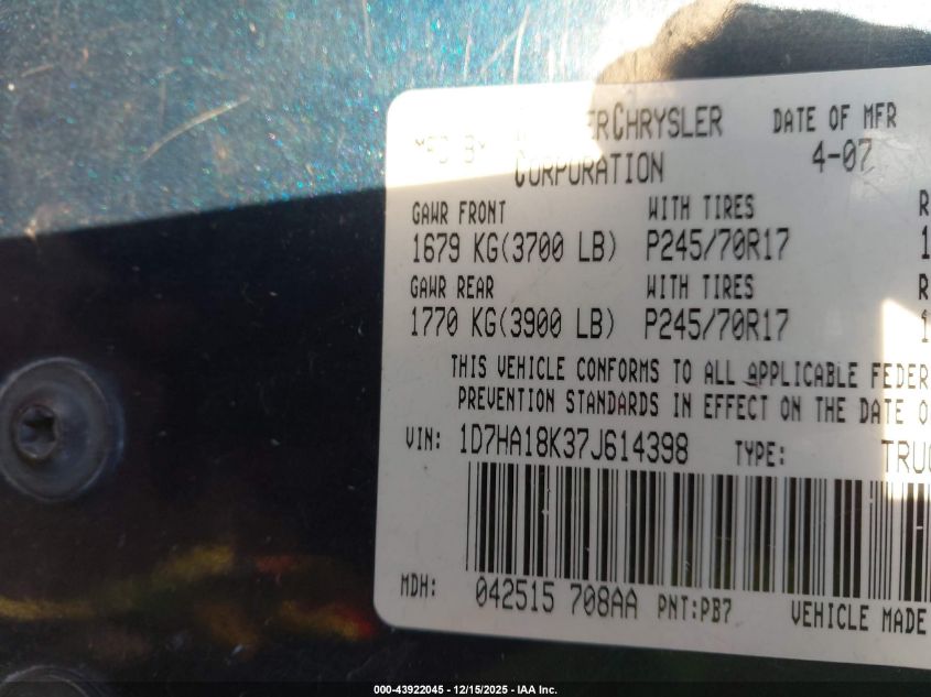 2007 Dodge Ram 1500 St VIN: 1D7HA18K37J614398 Lot: 43922045