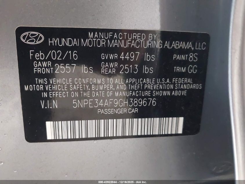 2016 Hyundai Sonata Sport VIN: 5NPE34AF9GH389676 Lot: 43922044