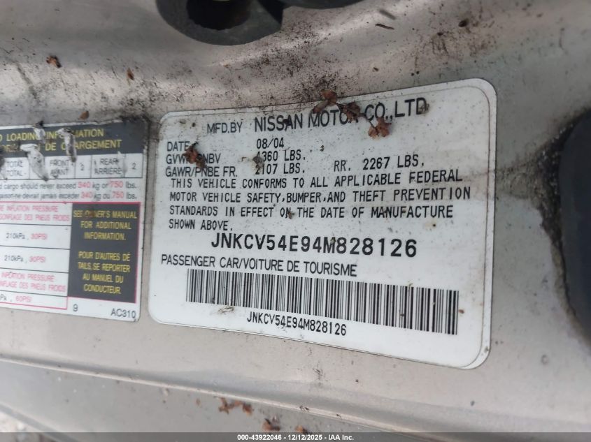 2004 Infiniti G35 VIN: JNKCV54E94M828126 Lot: 43922046