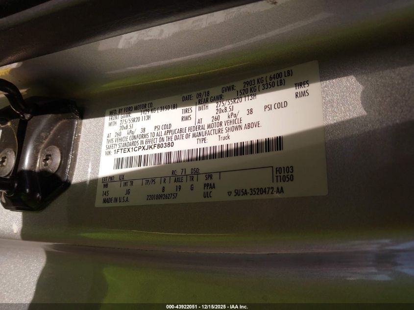 2018 Ford F-150 Xl VIN: 1FTEX1CPXJKF80380 Lot: 43922051