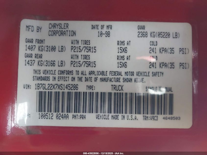 1999 Dodge Dakota Slt/Sport VIN: 1B7GL22X7XS145286 Lot: 43922056