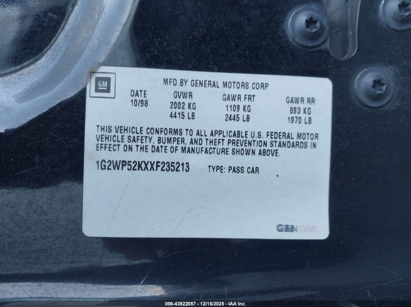 1999 Pontiac Grand Prix Gt VIN: 1G2WP52KXXF235213 Lot: 43922057