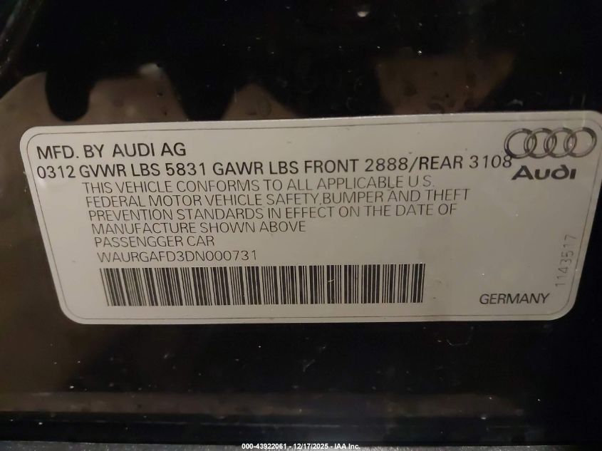 2013 Audi A8 L 3.0T VIN: WAURGAFD3DN000731 Lot: 43922061
